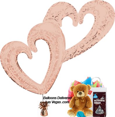 Rose Gold Double Hearts Foil Balloon With Teddy Bear & Kisses Gift Bag